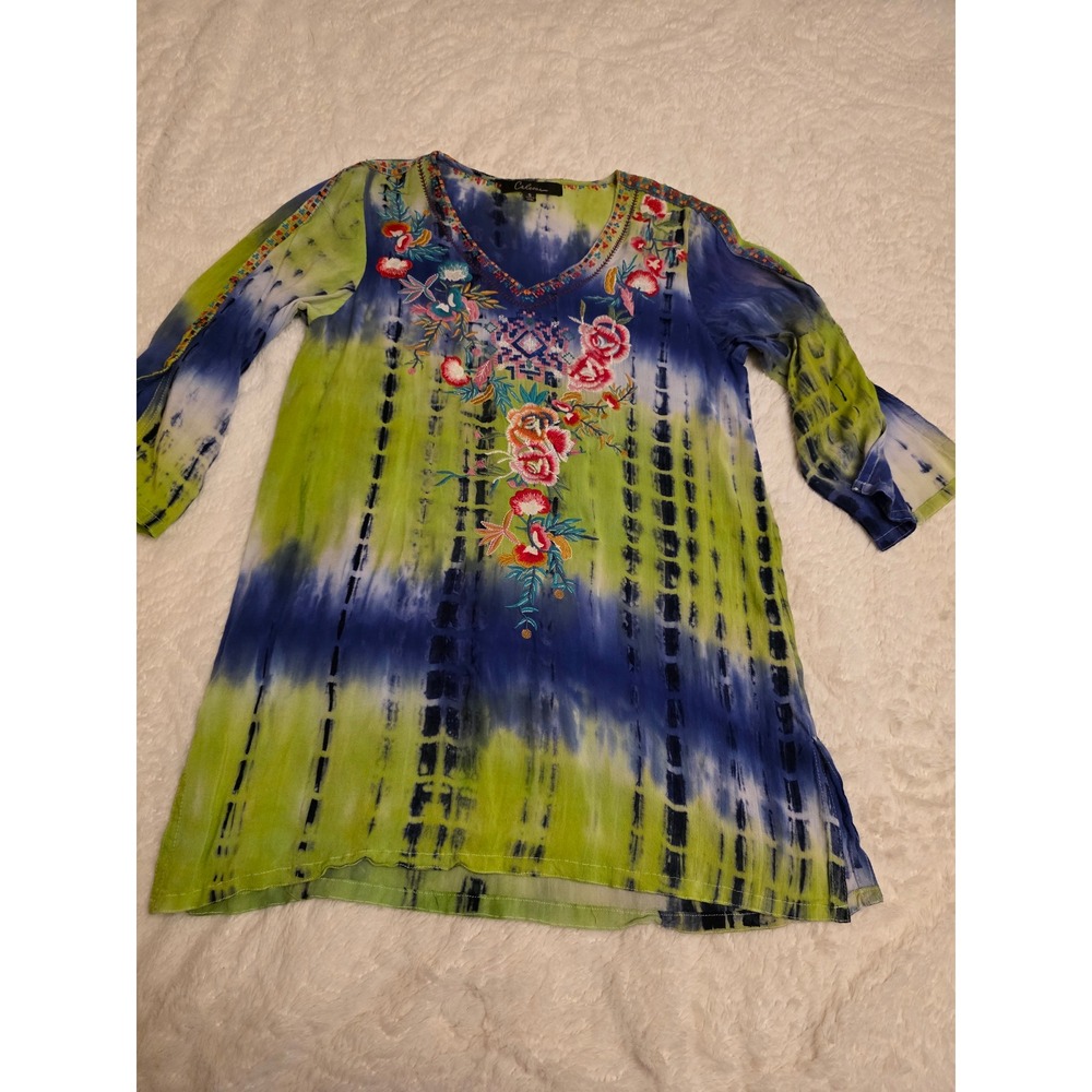 Caleoaa Womens Small Blue Lime Green Tie Dye Embroidered Tunic Boho 3/4 Sleeve